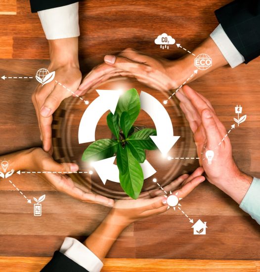 Business partnership holding plant together with recycle icon symbolize ESG sustainable environment nurturing and ecosystem protection with eco technology and waste recycling. Panorama Reliance